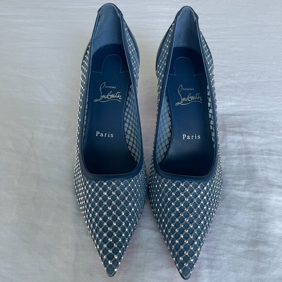 SOLD NEW Christian Louboutin Apostropha 80 mm Pumps, Navy Blue Mesh Strass - Picture 8 of 8